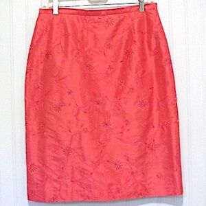 Coral Embroidered Silk Pencil Skirt, Size 8